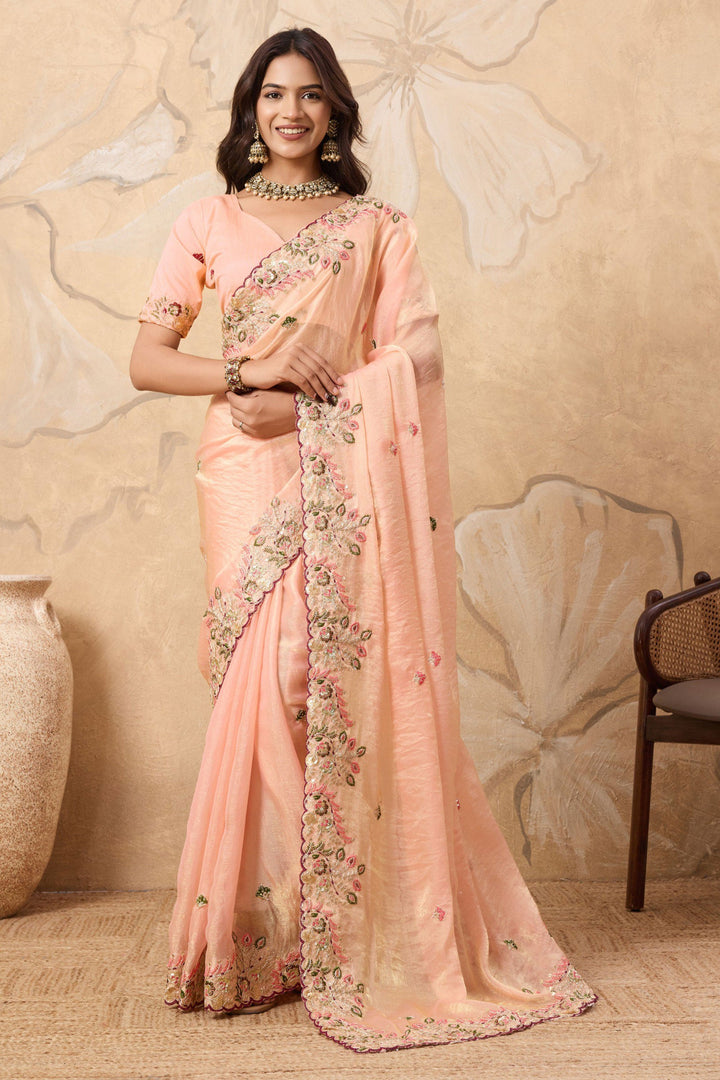 Peach Color Exquisite Embroidered Work Saree In Chiffon Fabric | Buy Online India
