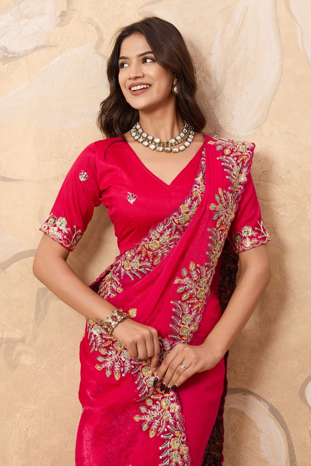 Attrective Chiffon Fabric Pink Color Saree With Embroidered Work | Buy Online India
