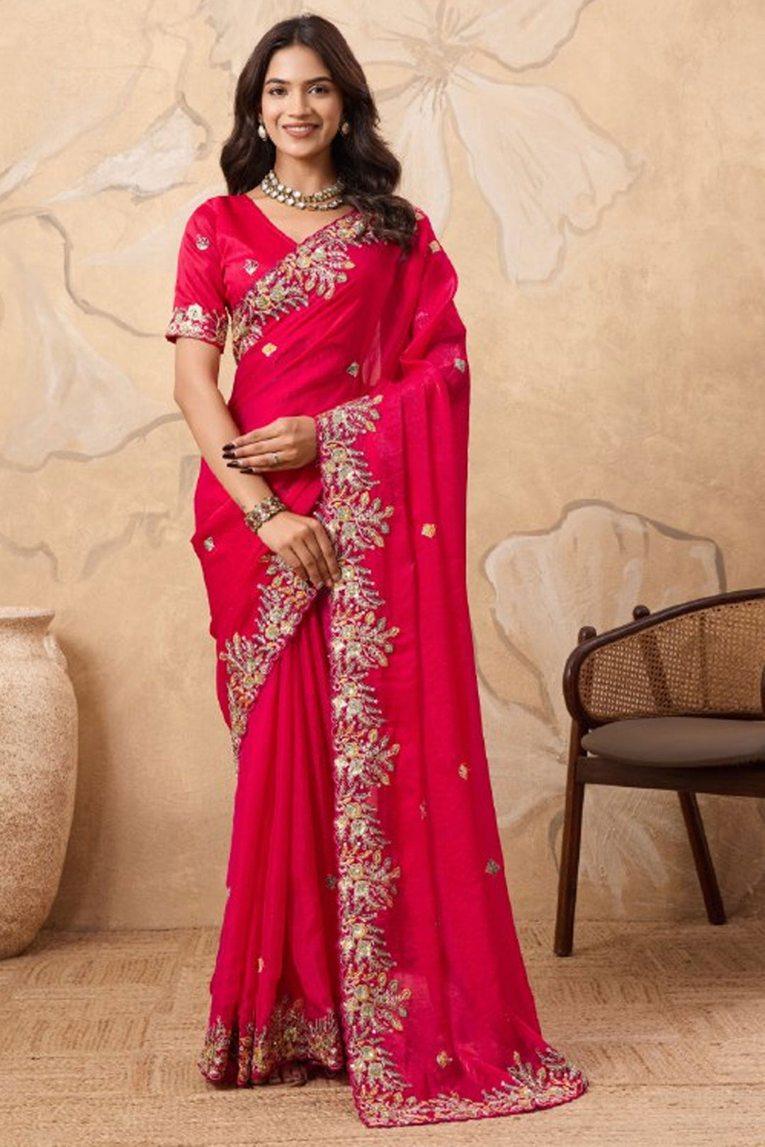 Attrective Chiffon Fabric Pink Color Saree With Embroidered Work | Buy Online India