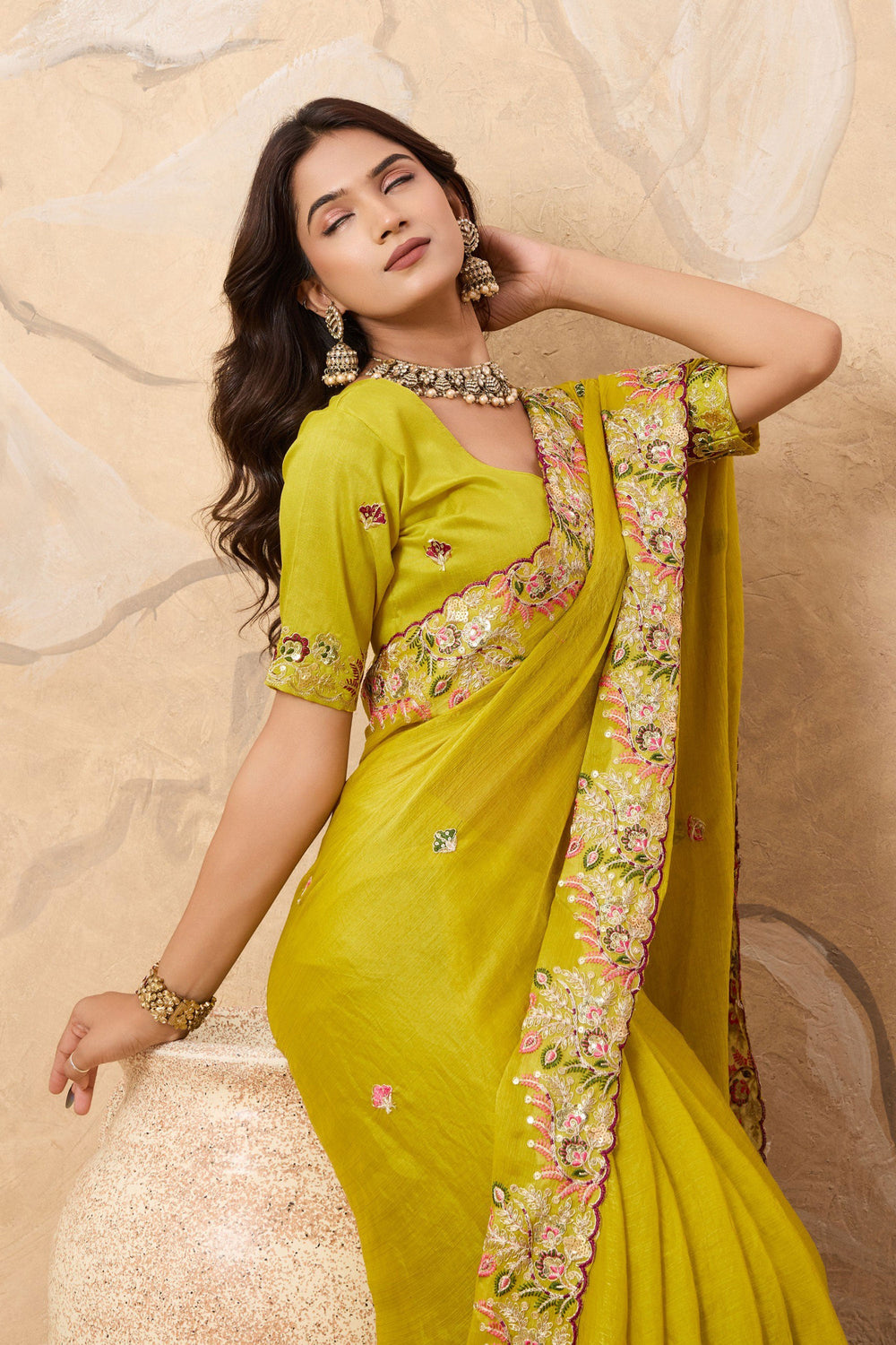 Chiffon Fabric Embroidered Work On Yellow Color Amazing Saree | Buy Online India