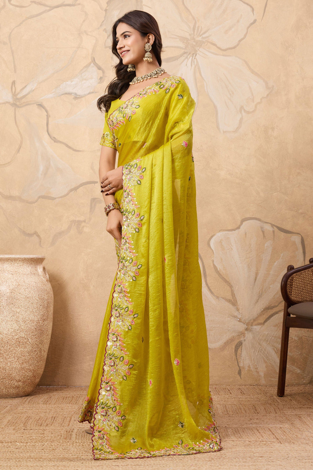 Chiffon Fabric Embroidered Work On Yellow Color Amazing Saree | Buy Online India