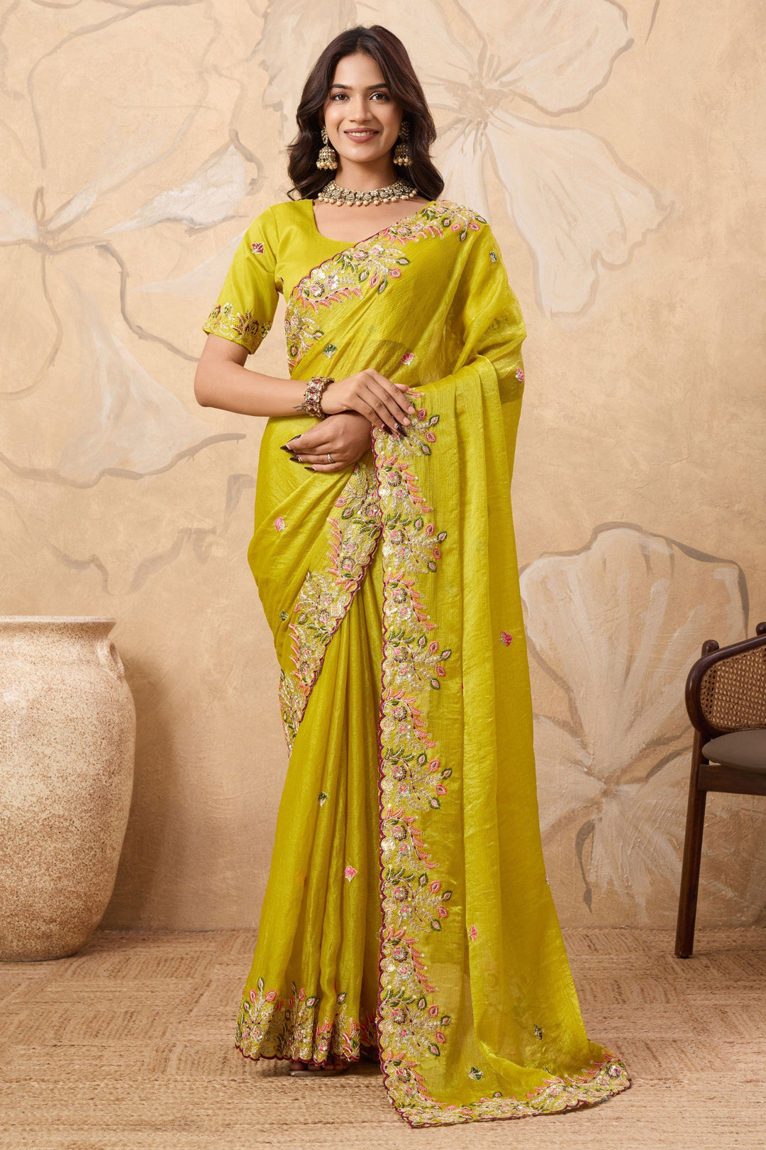 Chiffon Fabric Embroidered Work On Yellow Color Amazing Saree | Buy Online India