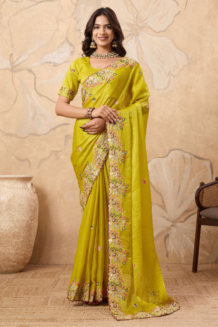 Chiffon Fabric Embroidered Work On Yellow Color Amazing Saree | Buy Online India