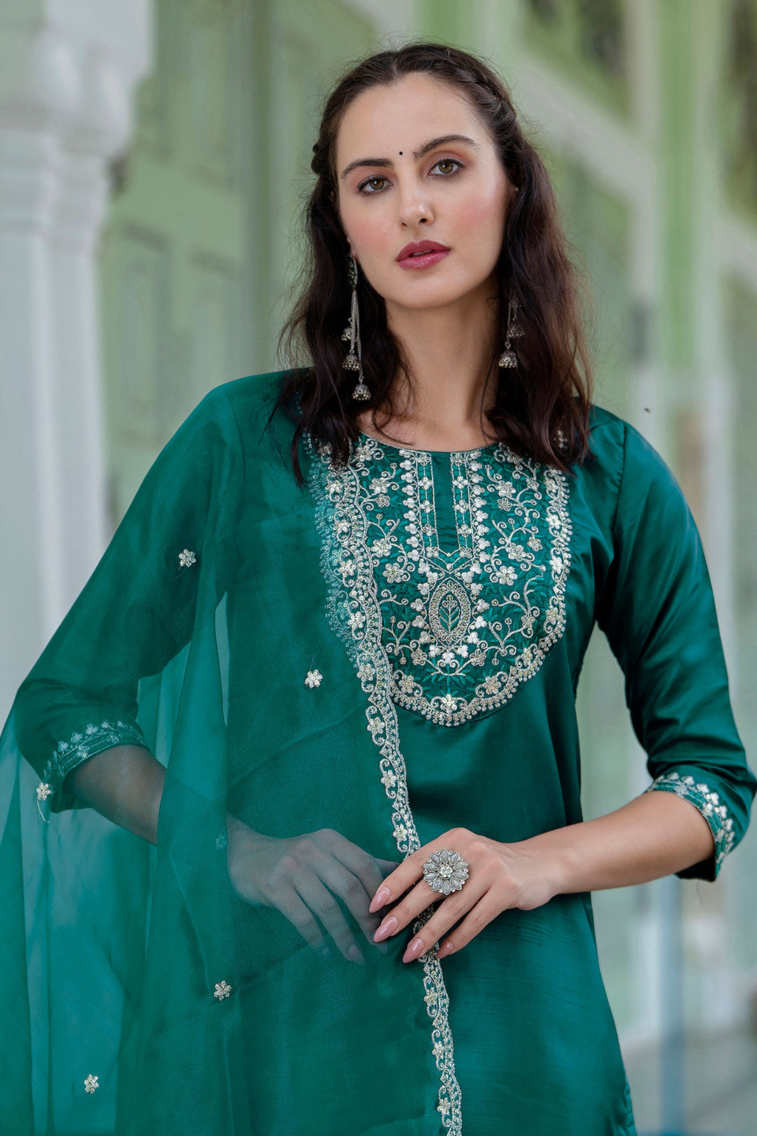 Green Color Silk Fabric Engaging Readymade Salwar Suit | Buy Online India