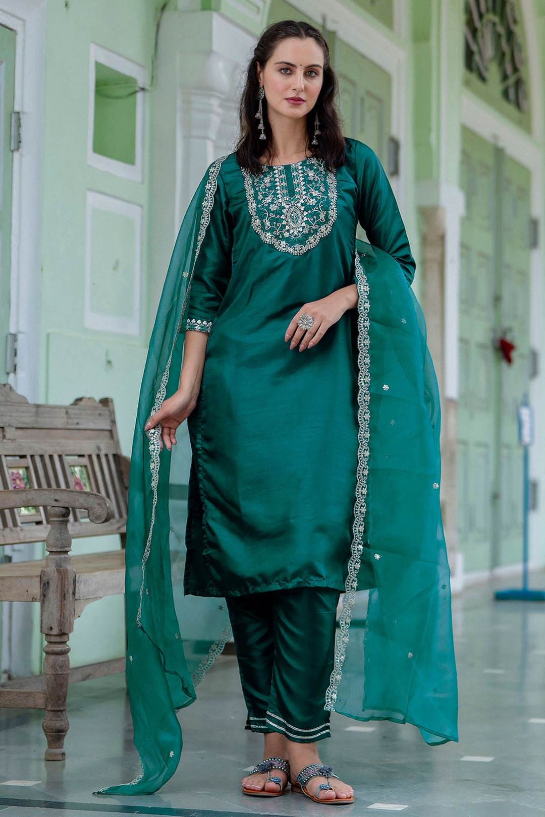 Green Color Silk Fabric Engaging Readymade Salwar Suit | Buy Online India
