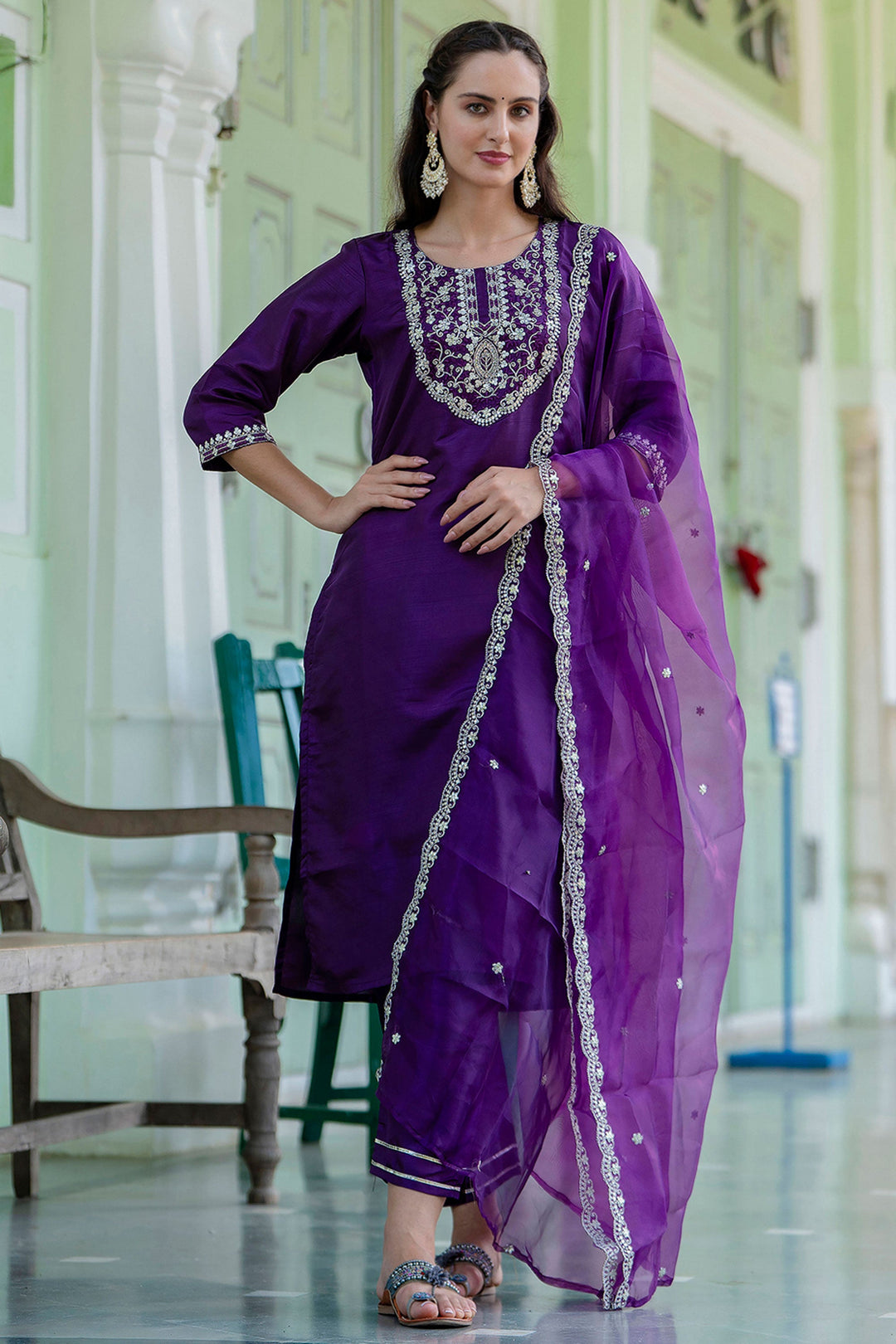 Purple Color Sober Readymade Salwar Suit In Silk Fabric | Buy Online India