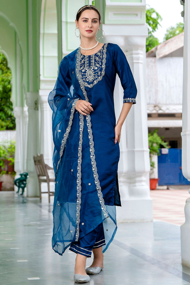 Creative Teal Color Silk Fabric Readymade Salwar Suit | Buy Online India