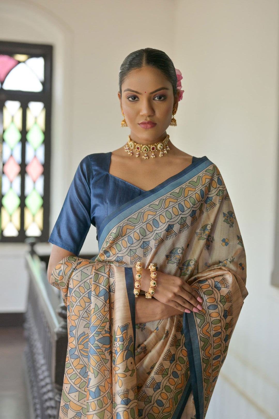 Beguiling Beige Color Tussar Silk Fabric Saree With Blue Blouse | Buy Online India