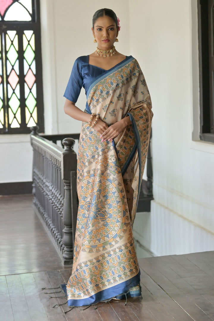 Beguiling Beige Color Tussar Silk Fabric Saree With Blue Blouse | Buy Online India
