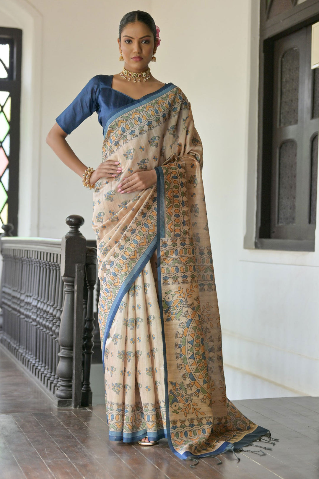 Beguiling Beige Color Tussar Silk Fabric Saree With Blue Blouse | Buy Online India
