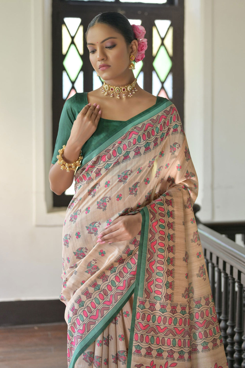 Incredible Tussar Silk Fabric Beige Color Saree With Green Blouse | Buy Online India