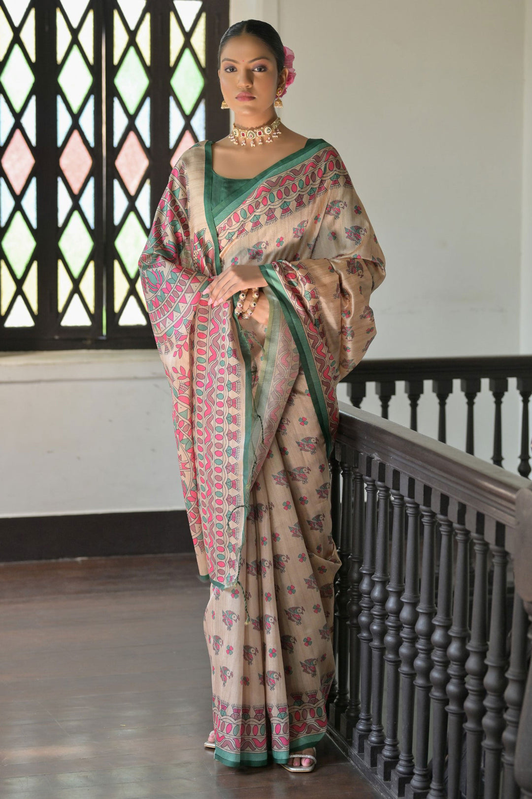 Incredible Tussar Silk Fabric Beige Color Saree With Green Blouse | Buy Online India