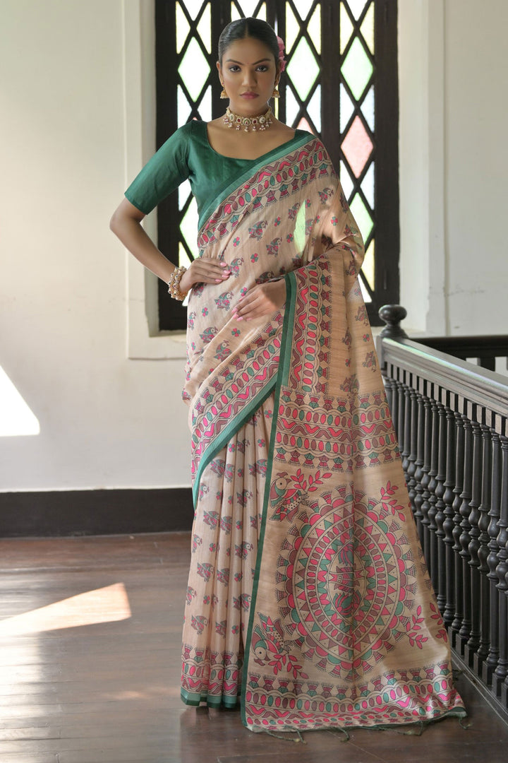 Incredible Tussar Silk Fabric Beige Color Saree With Green Blouse | Buy Online India