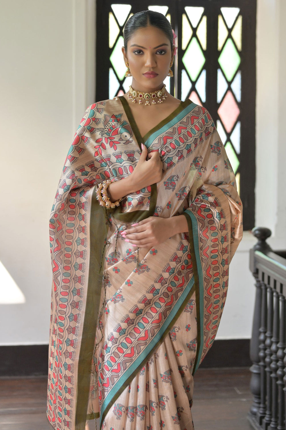 Tempting Tussar Silk Fabric Beige Color Saree With Mehendi Green Blouse | Buy Online India