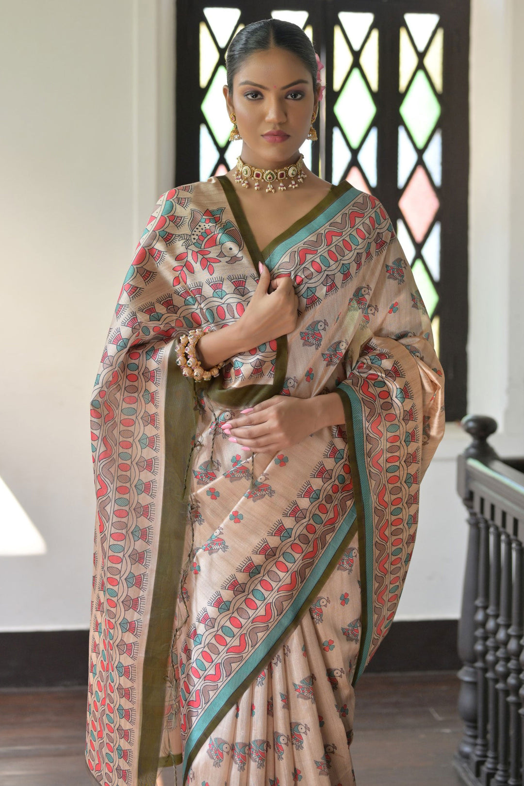 Tempting Tussar Silk Fabric Beige Color Saree With Mehendi Green Blouse | Buy Online India