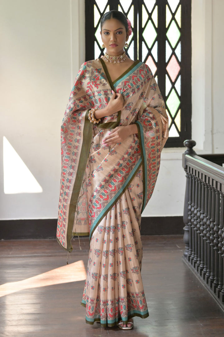 Tempting Tussar Silk Fabric Beige Color Saree With Mehendi Green Blouse | Buy Online India