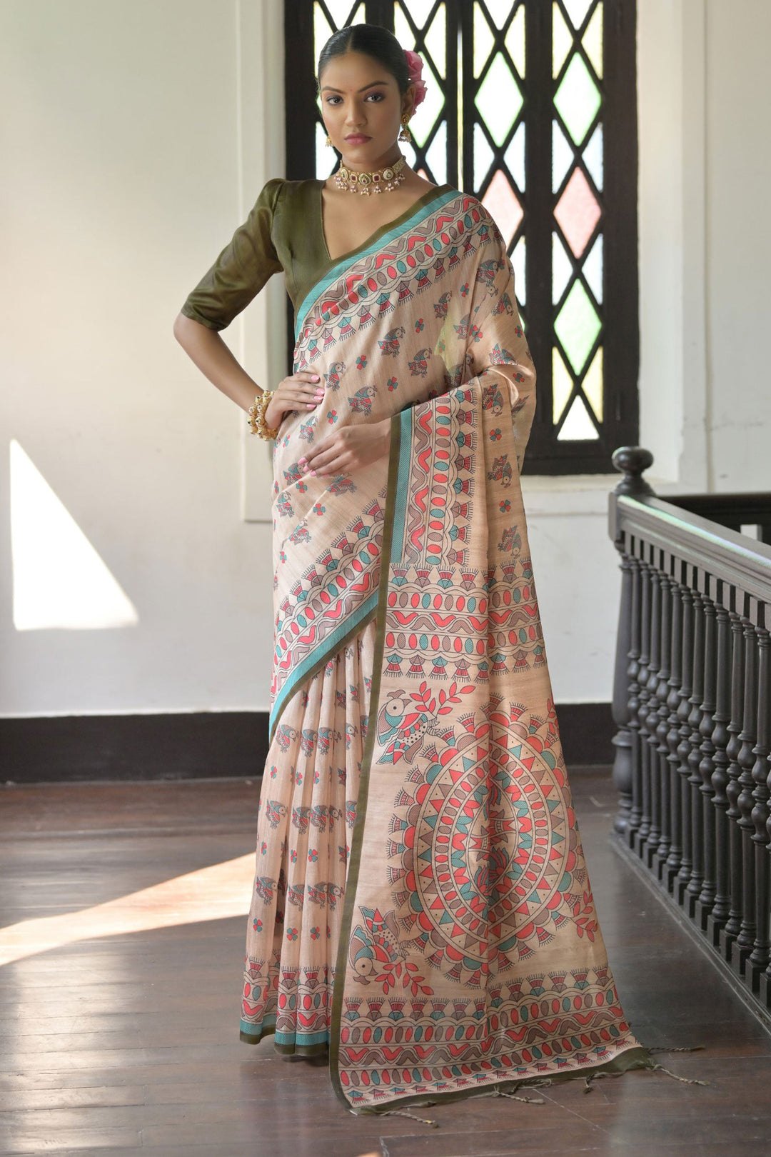 Tempting Tussar Silk Fabric Beige Color Saree With Mehendi Green Blouse | Buy Online India