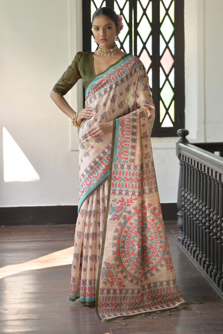 Tempting Tussar Silk Fabric Beige Color Saree With Mehendi Green Blouse | Buy Online India