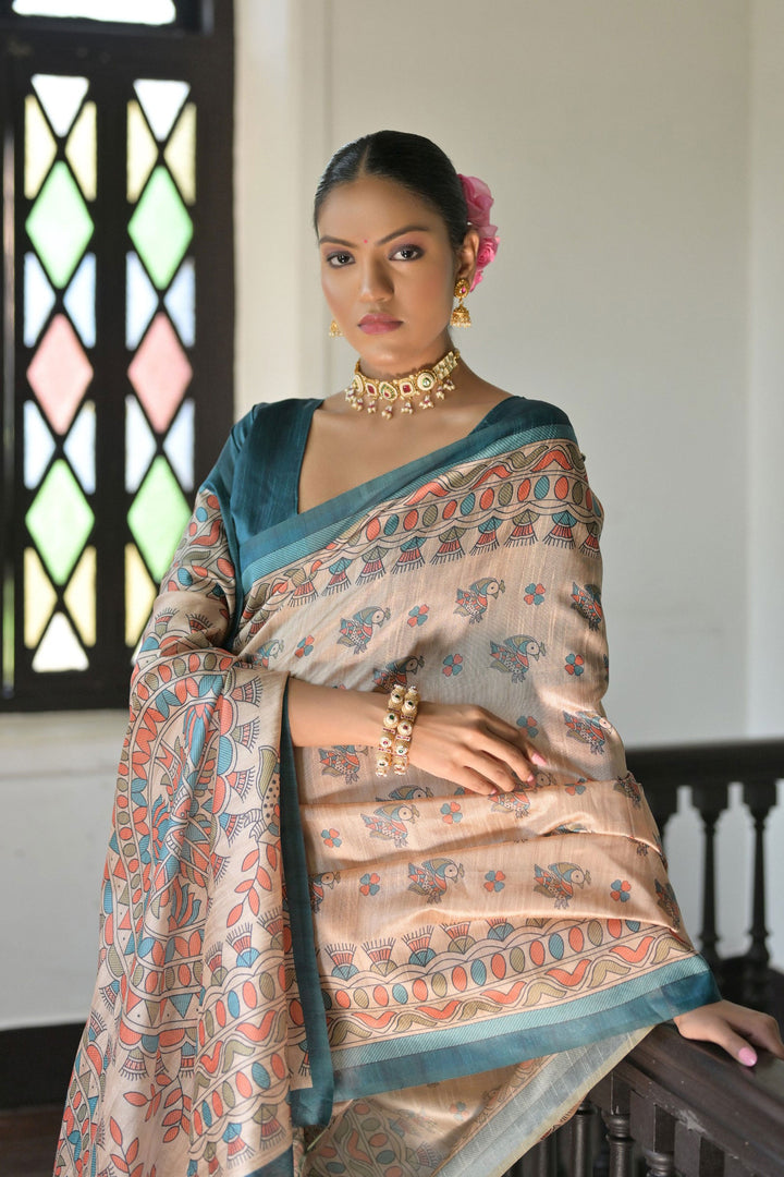 Engaging Beige Color Tussar Silk Fabric Saree With Teal Color Blouse | Buy Online India