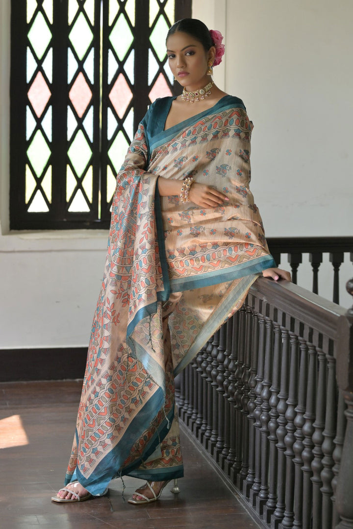 Engaging Beige Color Tussar Silk Fabric Saree With Teal Color Blouse | Buy Online India