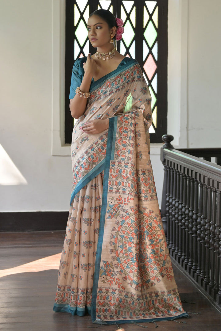 Engaging Beige Color Tussar Silk Fabric Saree With Teal Color Blouse | Buy Online India