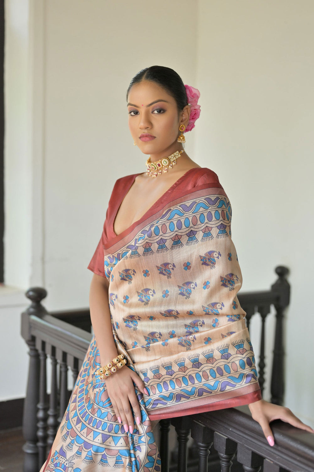 Classic Beige Color Saree In Tussar Silk Fabric With Red Blouse | Buy Online India