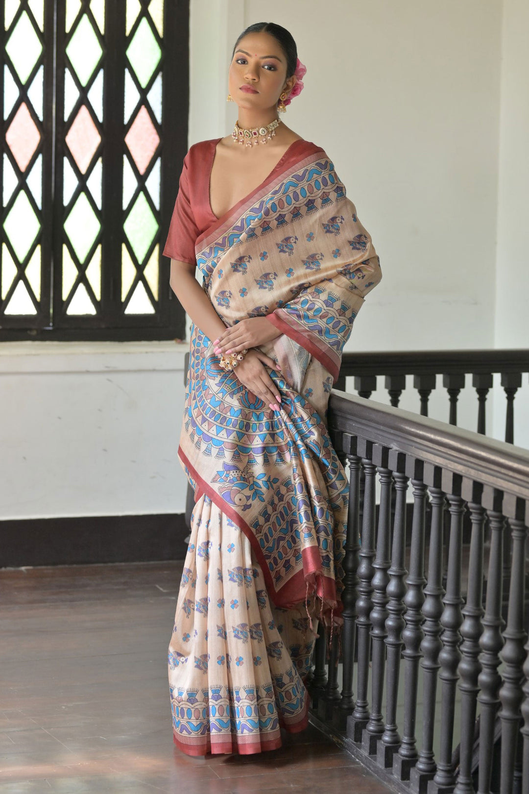 Classic Beige Color Saree In Tussar Silk Fabric With Red Blouse | Buy Online India