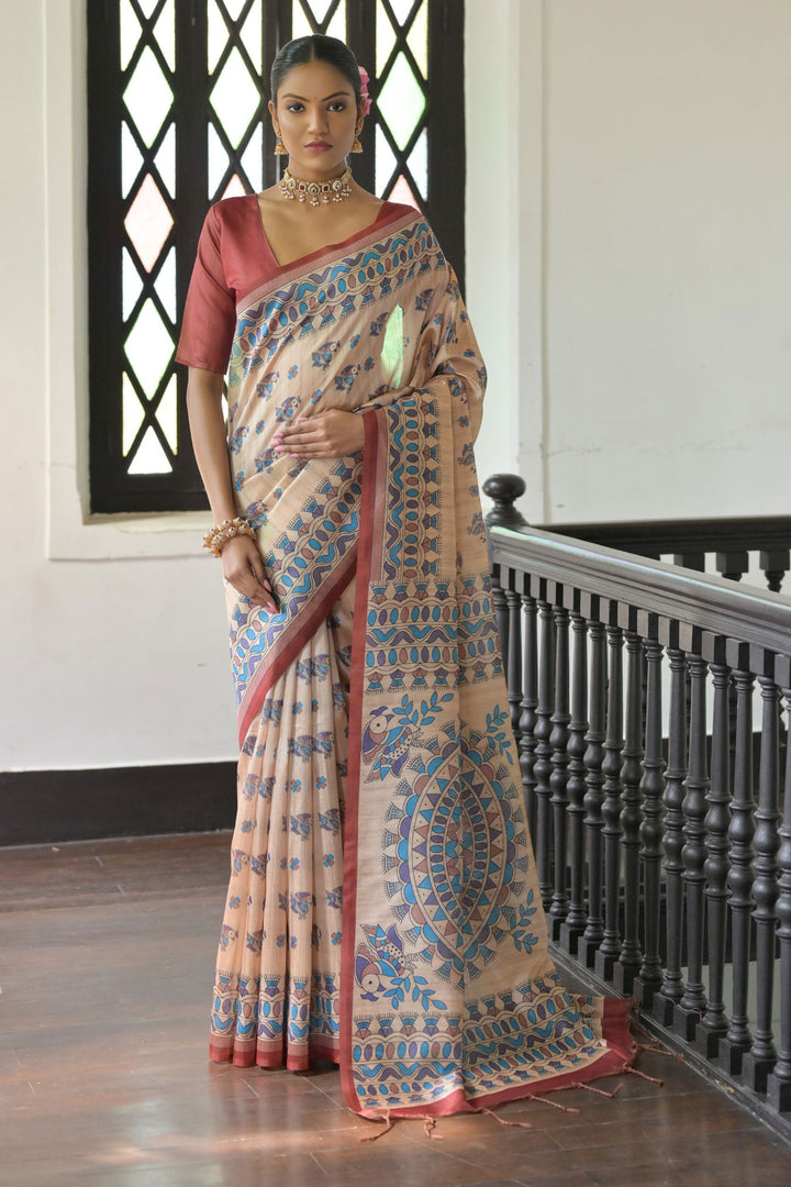 Classic Beige Color Saree In Tussar Silk Fabric With Red Blouse | Buy Online India