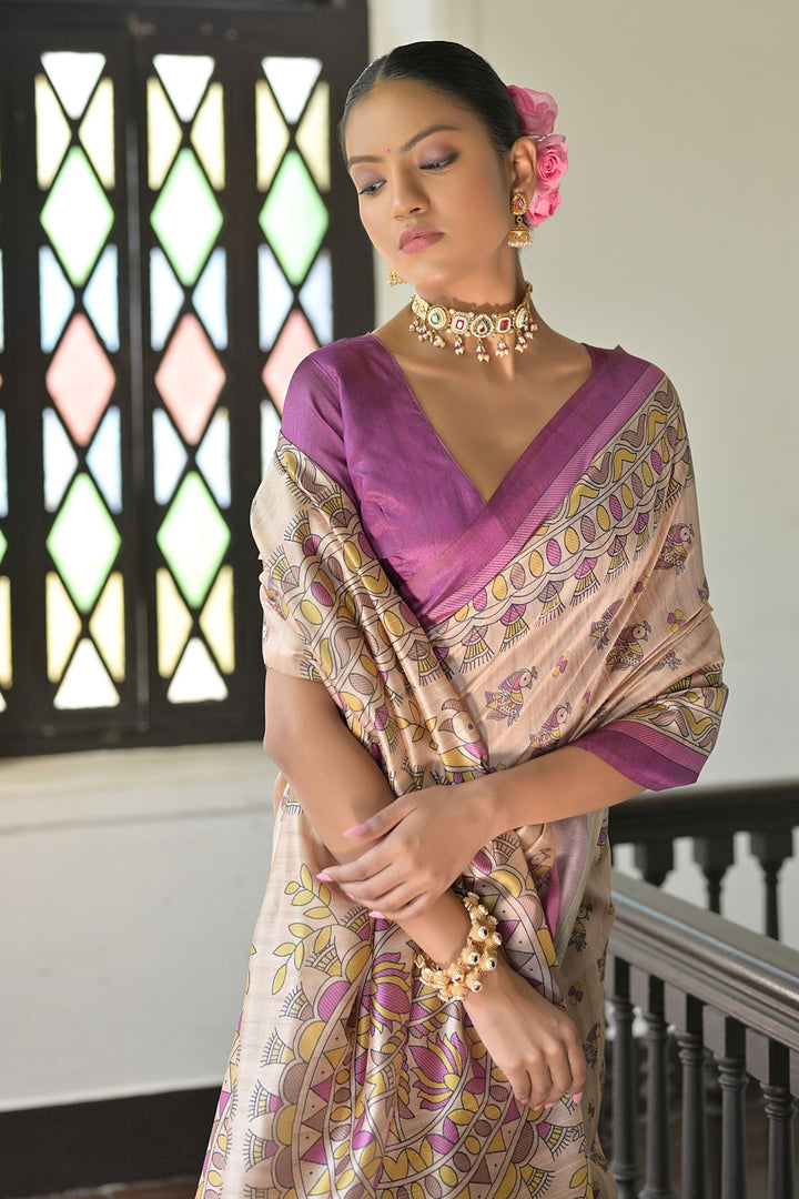 Lovely Tussar Silk Fabric Beige Color Saree With Purple Blouse | Buy Online India