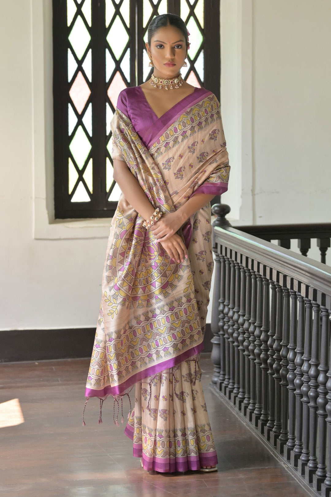 Lovely Tussar Silk Fabric Beige Color Saree With Purple Blouse | Buy Online India