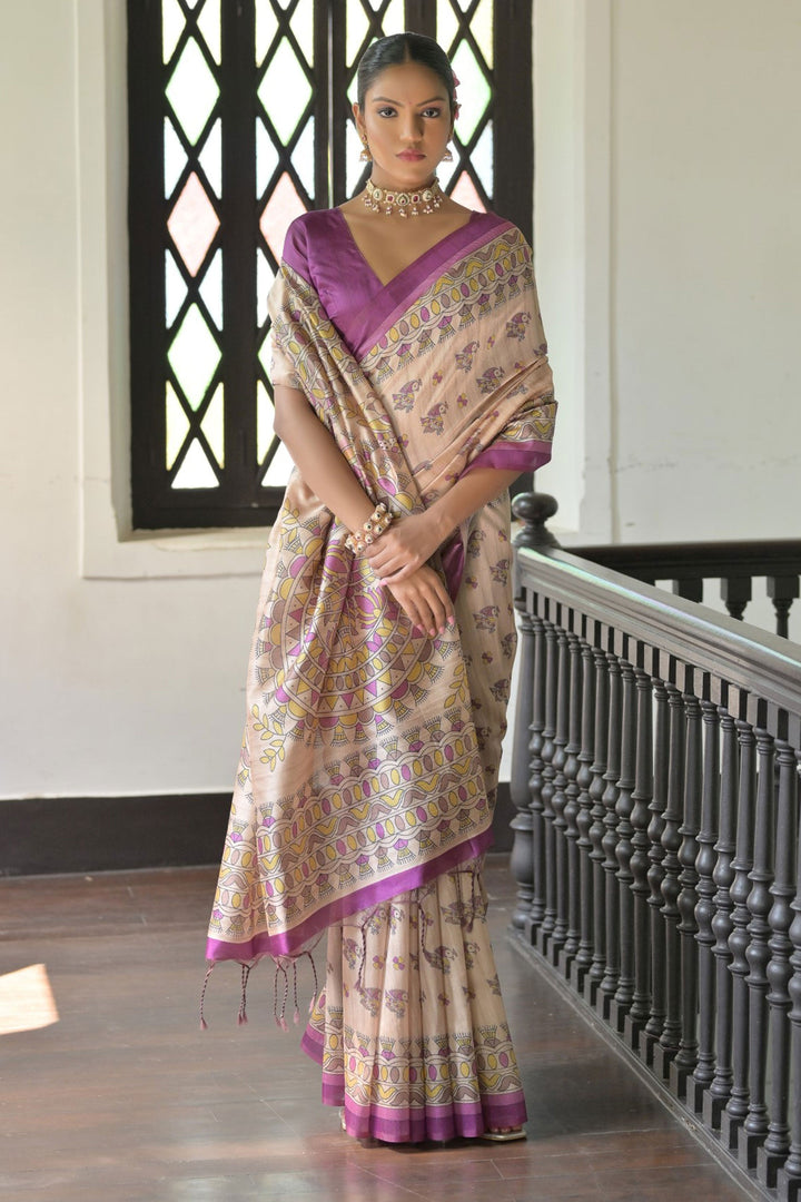 Lovely Tussar Silk Fabric Beige Color Saree With Purple Blouse | Buy Online India
