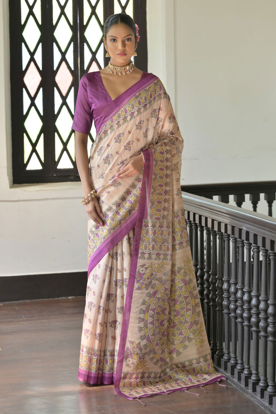 Lovely Tussar Silk Fabric Beige Color Saree With Purple Blouse | Buy Online India