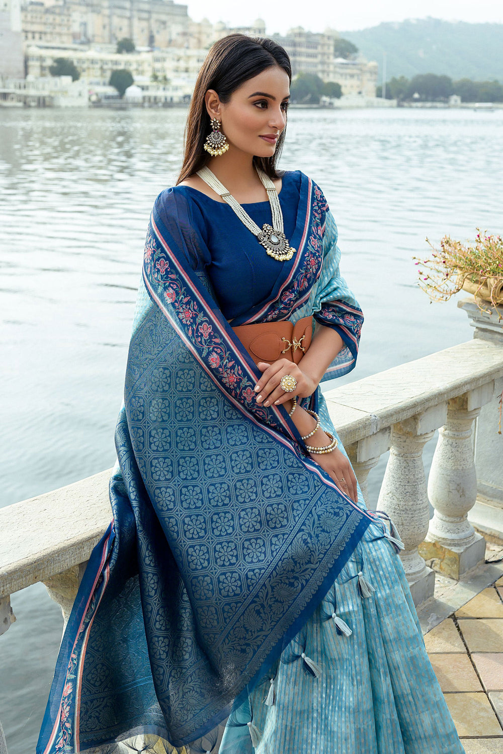 Awesome Printed Work Art Silk Fabric Sky Blue Color Saree | Buy Online India