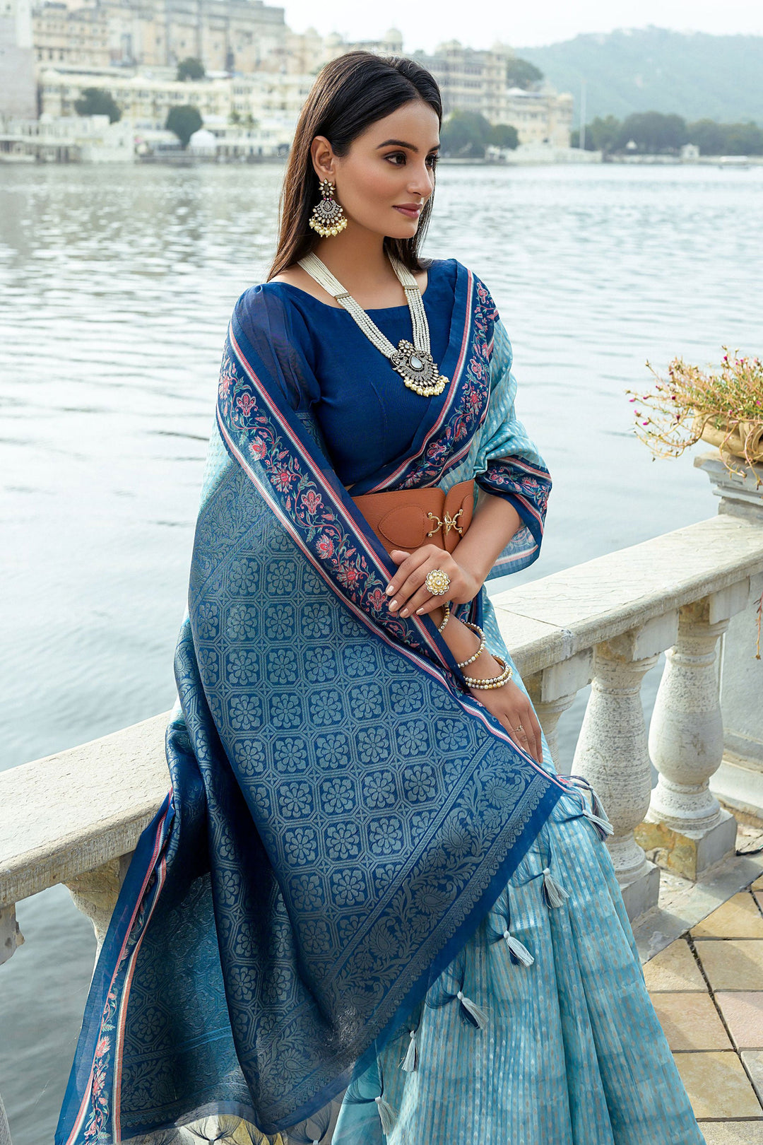 Awesome Printed Work Art Silk Fabric Sky Blue Color Saree | Buy Online India