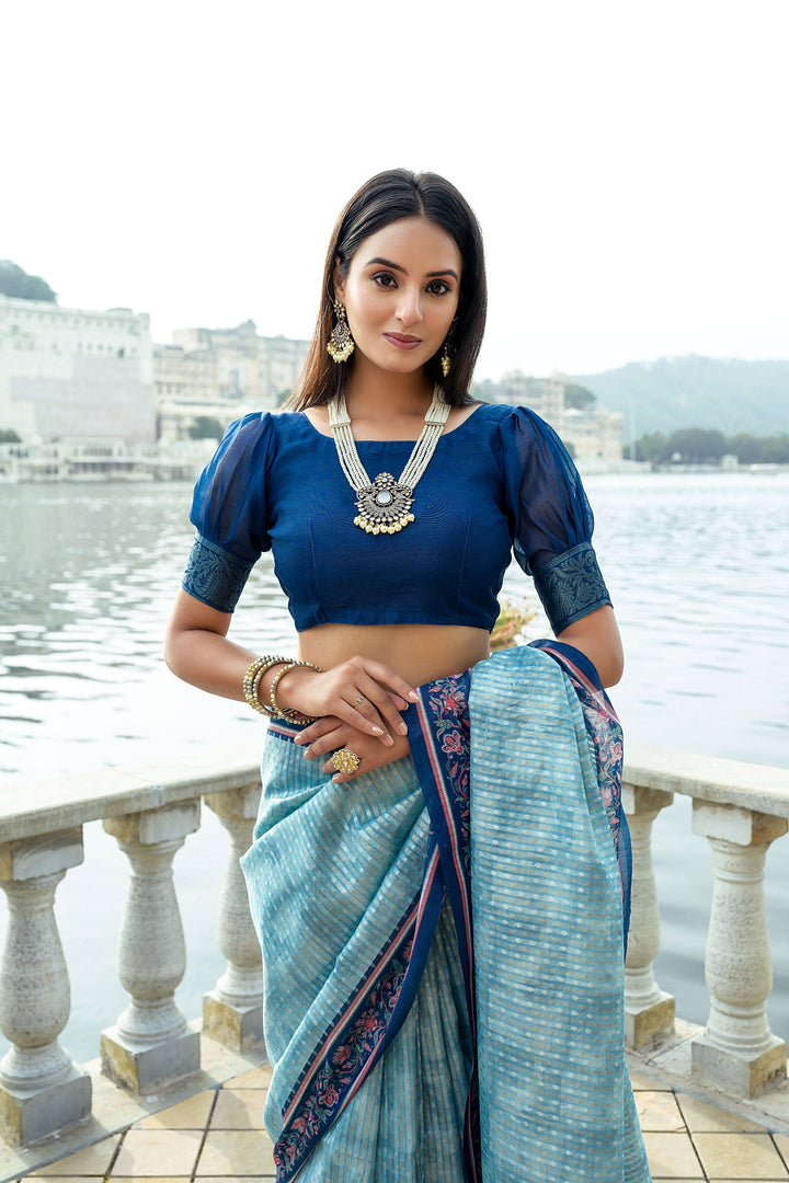 Awesome Printed Work Art Silk Fabric Sky Blue Color Saree | Buy Online India