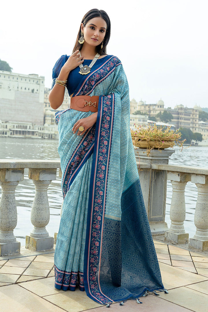 Awesome Printed Work Art Silk Fabric Sky Blue Color Saree | Buy Online India
