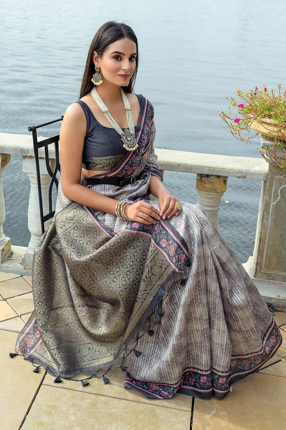 Tempting Art Silk Fabric Grey Color Saree With Printed Work | Buy Online India