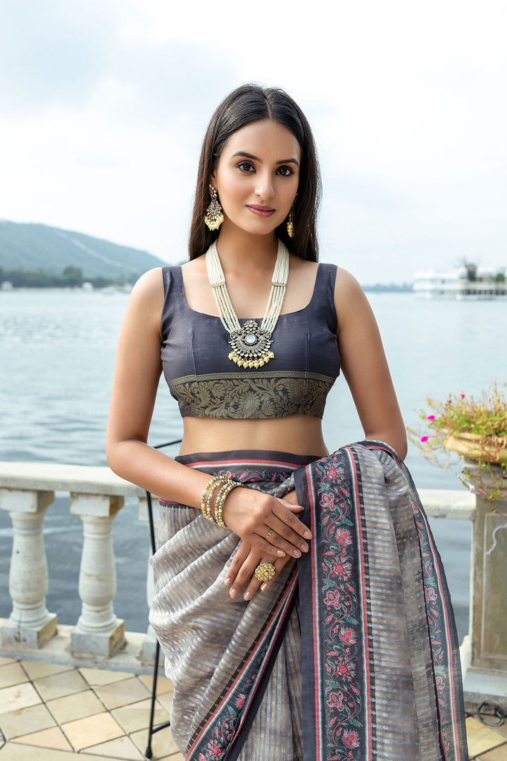 Tempting Art Silk Fabric Grey Color Saree With Printed Work | Buy Online India