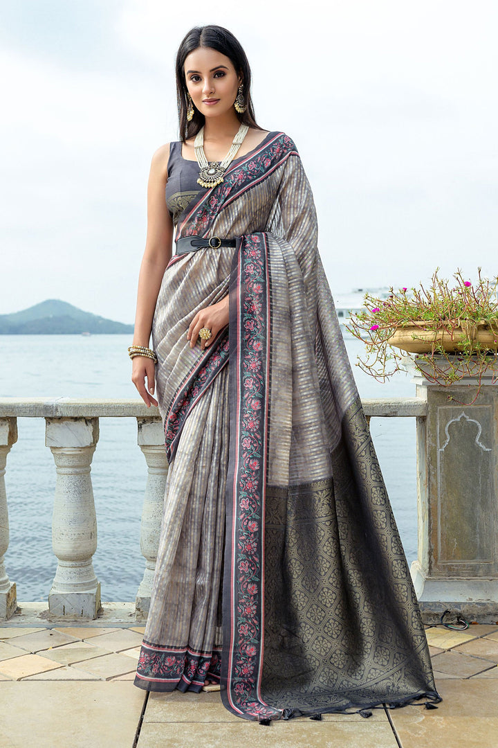 Tempting Art Silk Fabric Grey Color Saree With Printed Work | Buy Online India