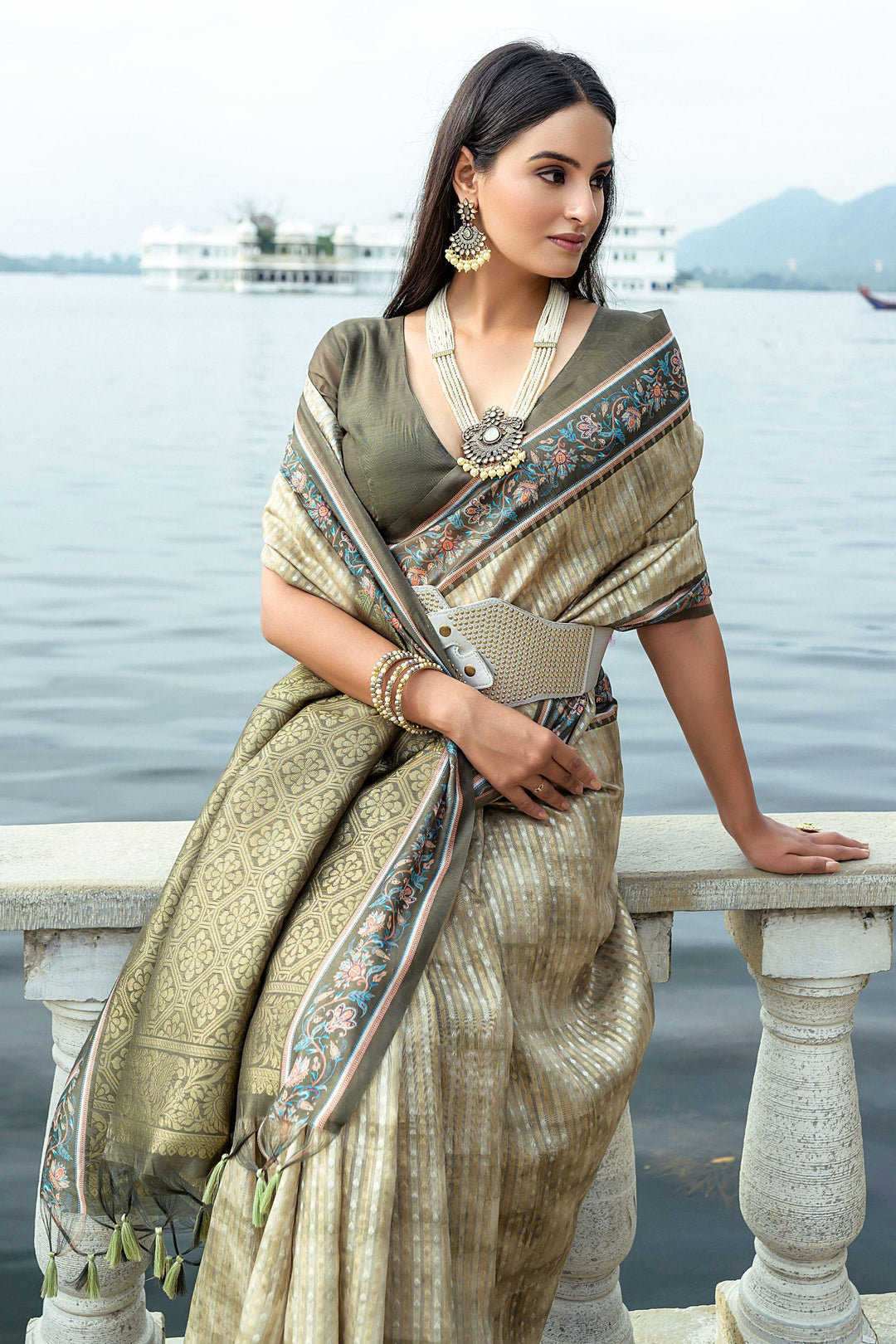 Engaging Beige Color Art Silk Fabric Saree With Printed Work | Buy Online India