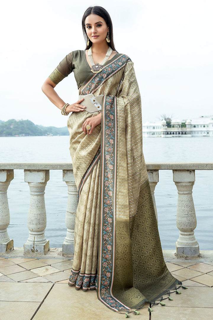 Engaging Beige Color Art Silk Fabric Saree With Printed Work | Buy Online India