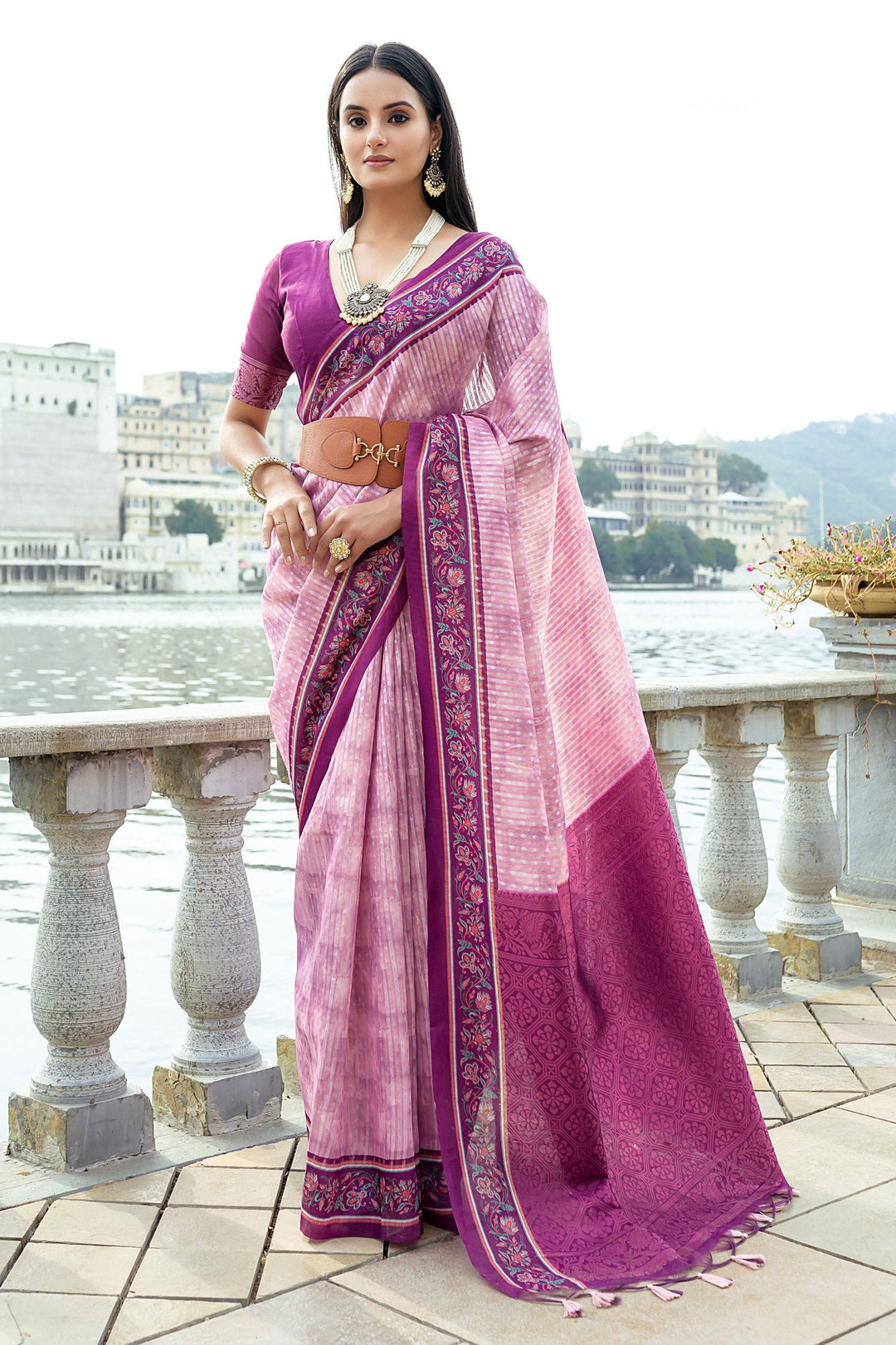 Printed Work Pink Color Gorgeous Saree In Art Silk Fabric | Buy Online India