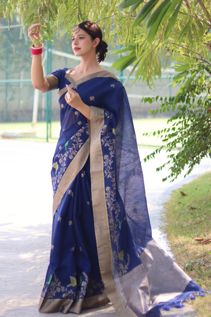 Blue Color Linen Silk Engaging Zari Weaving Work Saree | Buy Online India
