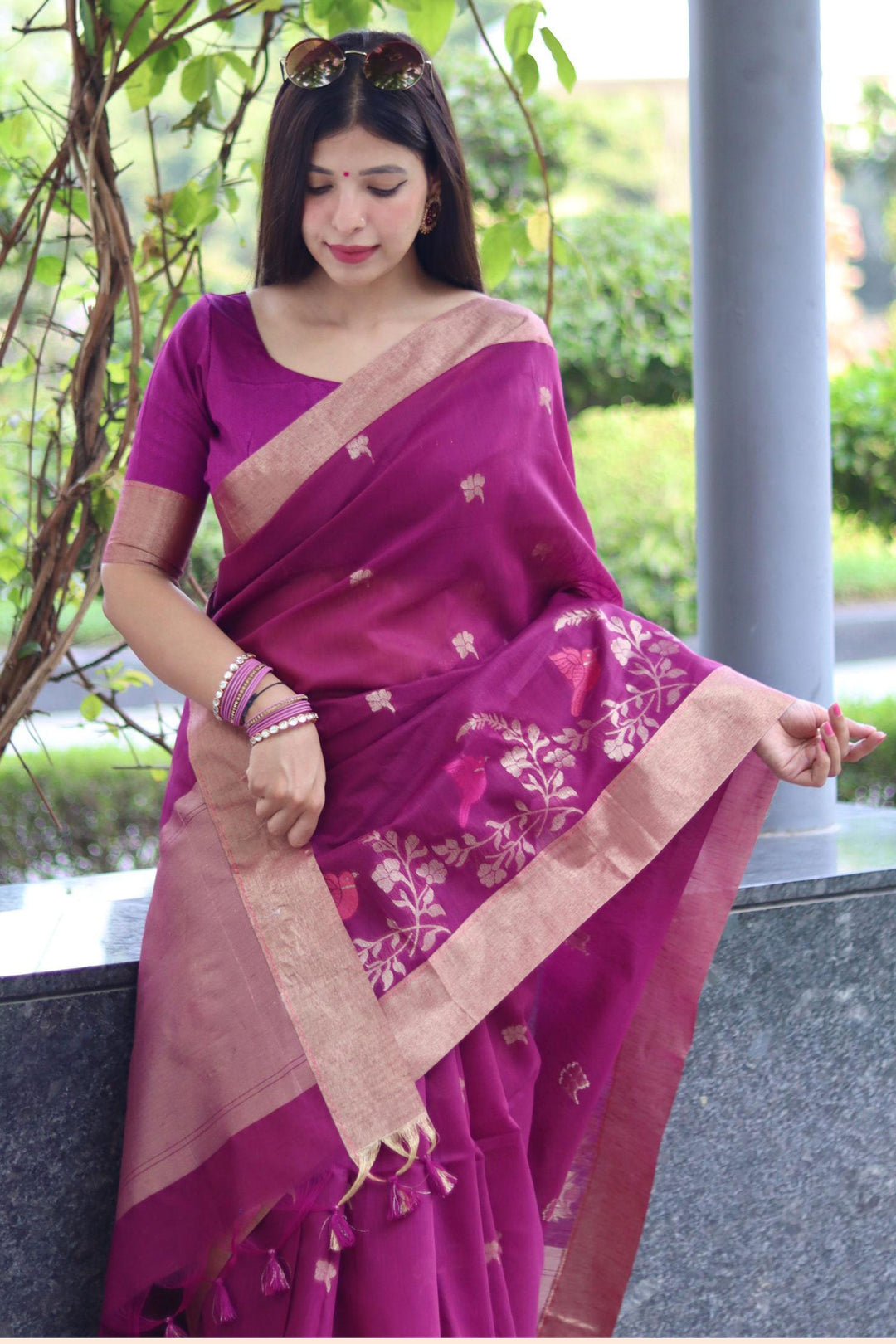 Purple Color Sober Zari Weaving Work Linen Silk Saree | Buy Online India