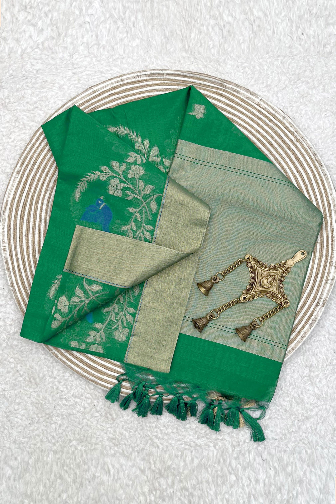 Excellent Linen Silk Green Color Zari Weaving Work Saree | Buy Online India