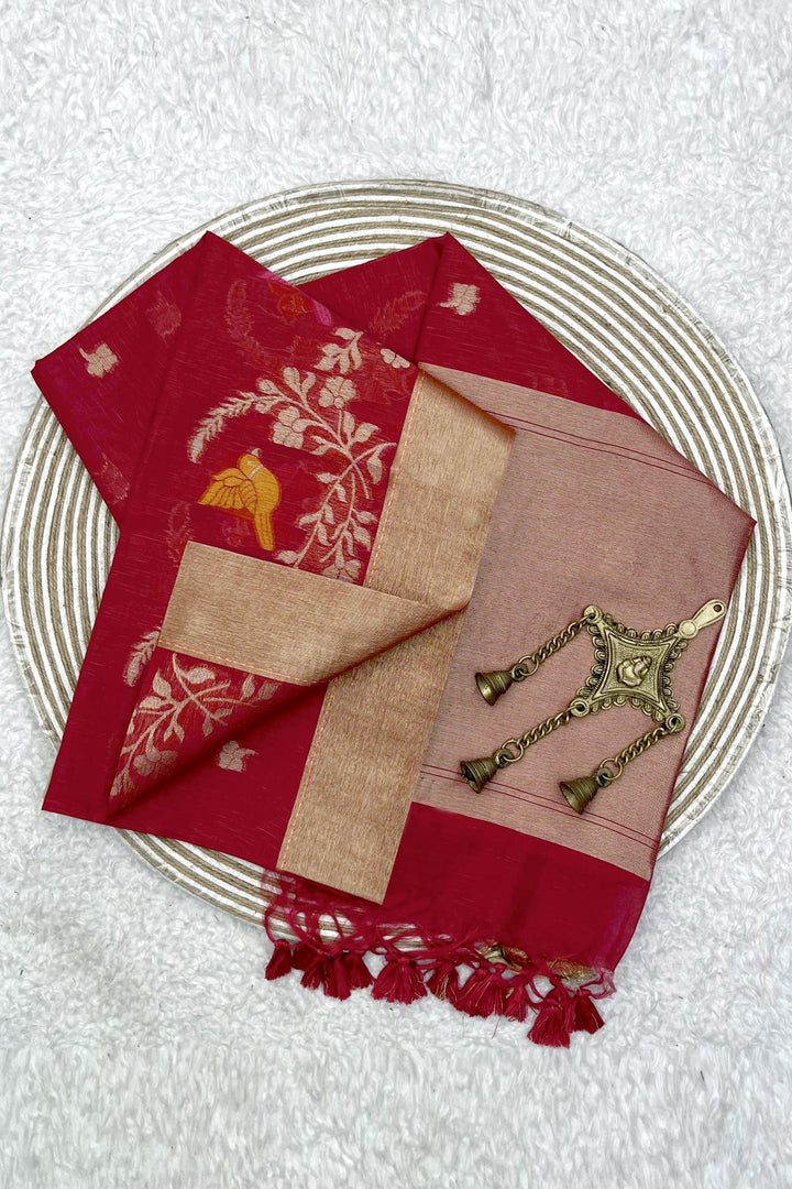 Red Color Linen Silk Stunning Zari Weaving Work Saree | Buy Online India