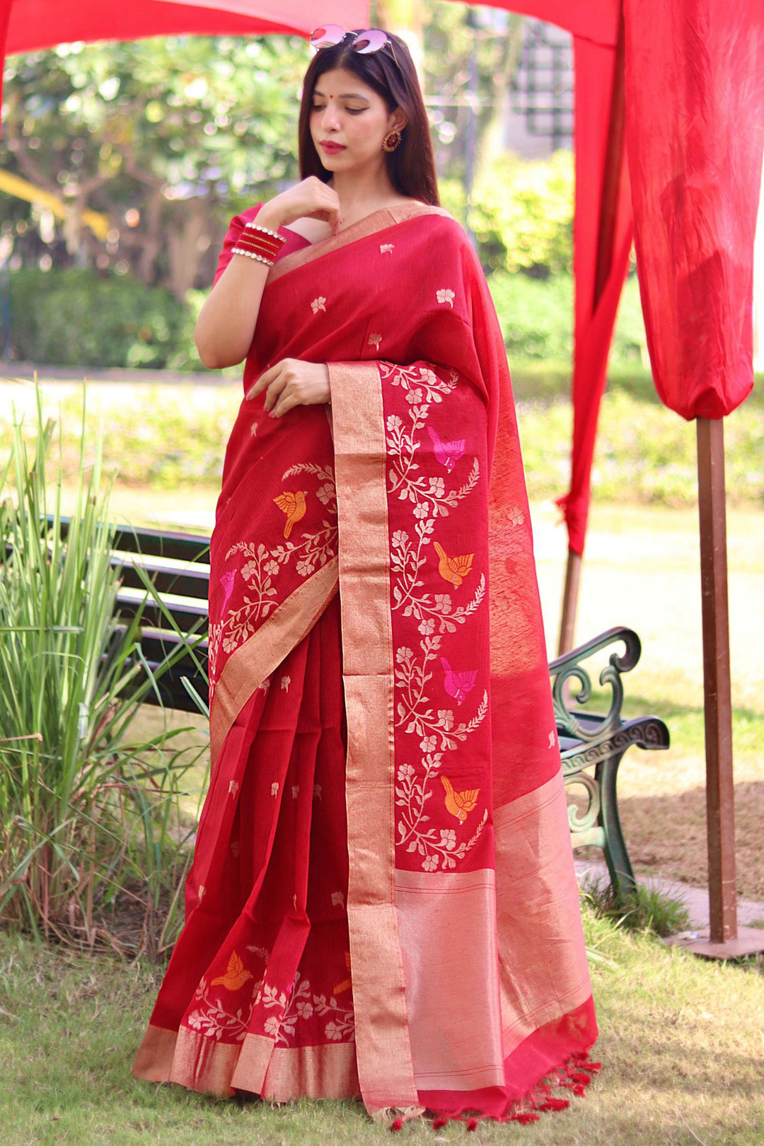 Red Color Linen Silk Stunning Zari Weaving Work Saree | Buy Online India