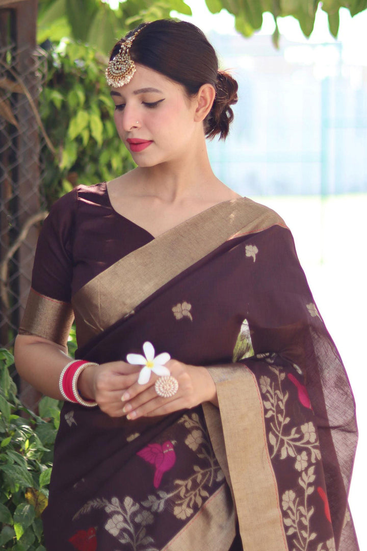 Beguiling Brown Color Linen Silk Zari Weaving Work Saree | Buy Online India