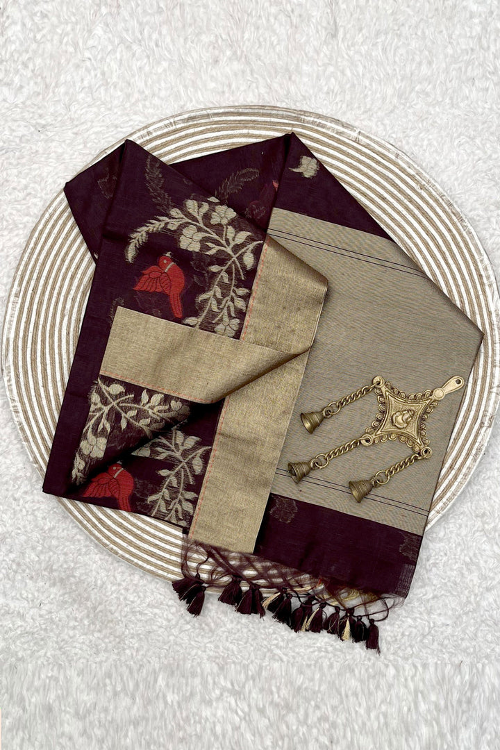 Beguiling Brown Color Linen Silk Zari Weaving Work Saree | Buy Online India