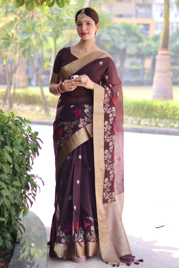 Beguiling Brown Color Linen Silk Zari Weaving Work Saree | Buy Online India